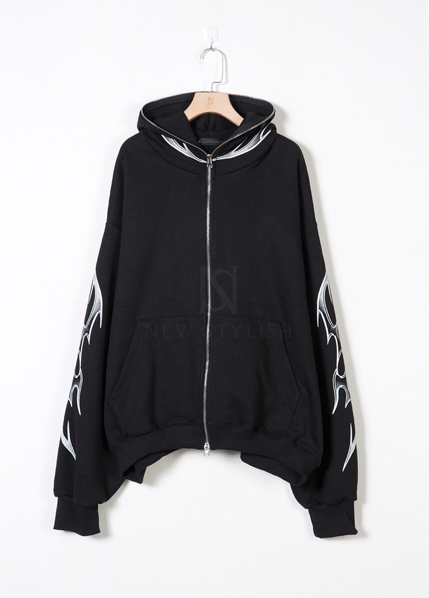 Tribal Print Oversized Black Zip-up Hoodie