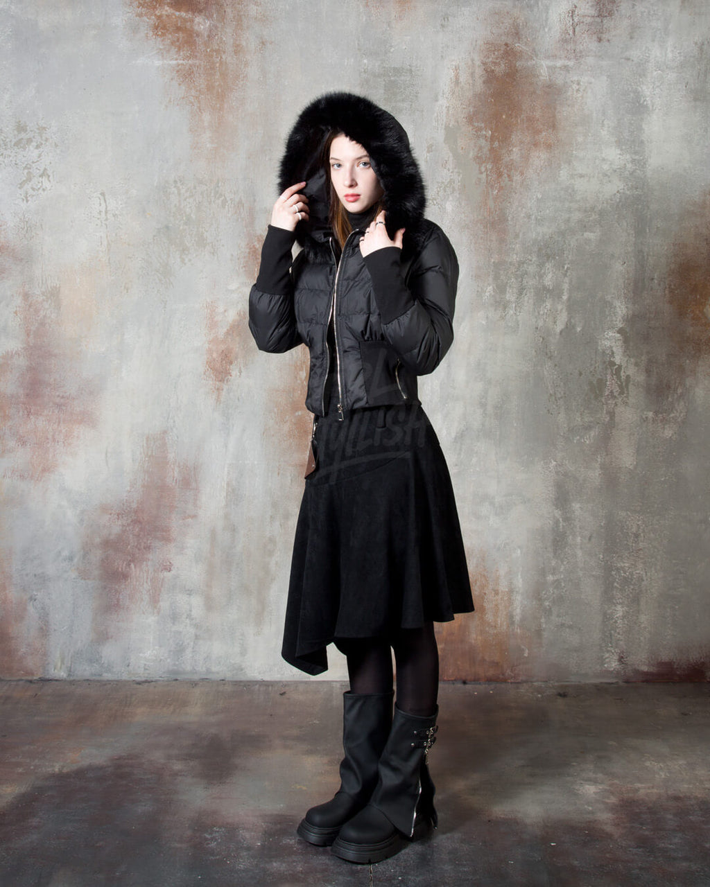 Raccoon Fur Hood Volume Crop Padded Jacket