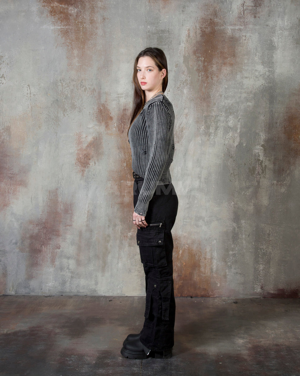Vintage Washed Zipper Cargo Bootcut Pants