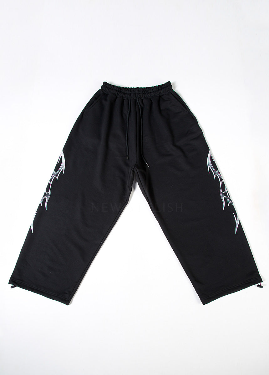 Black Tribal Print Drawstring Wide-Leg Pants