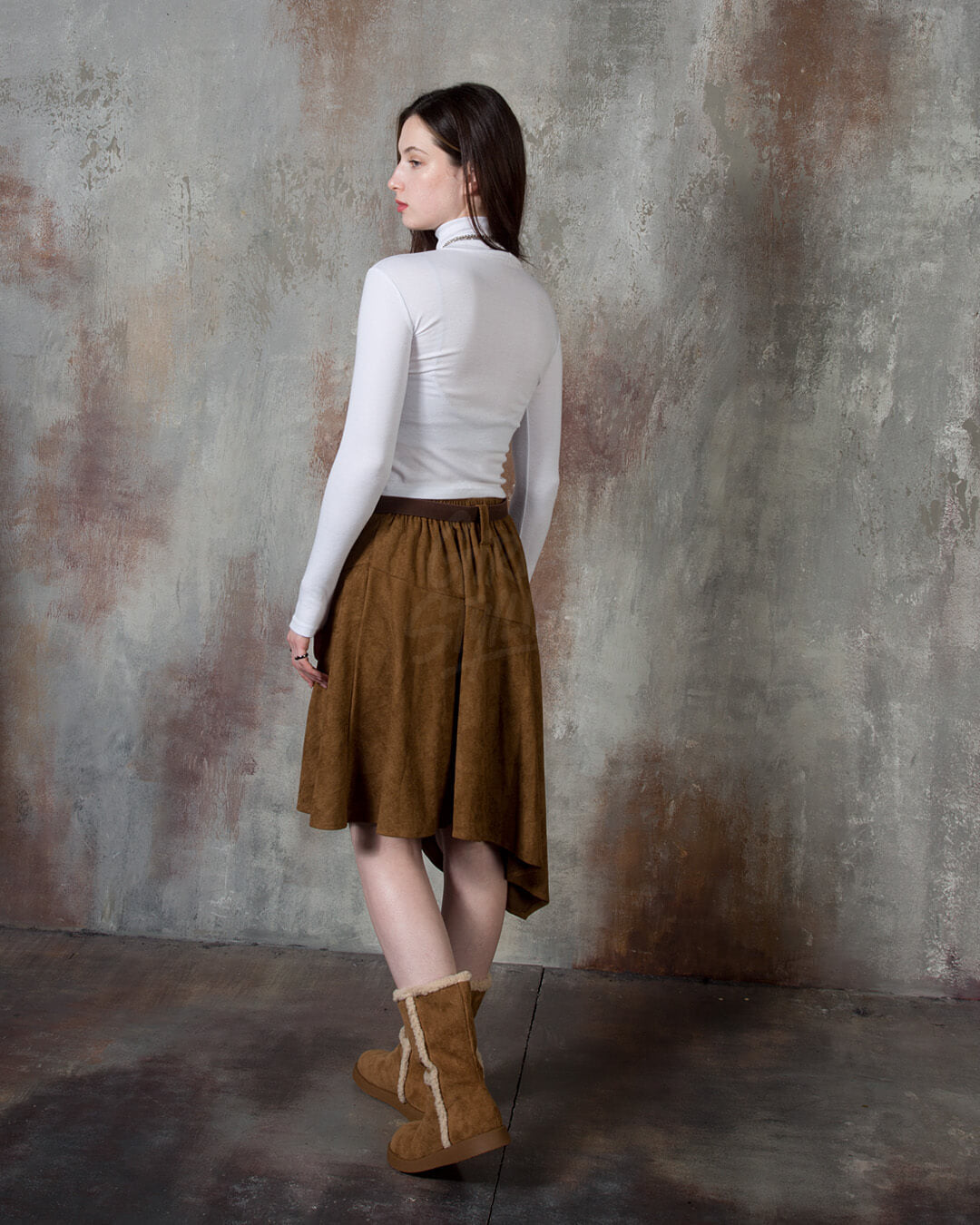 Asymmetric Suede Flared Belt Skirt