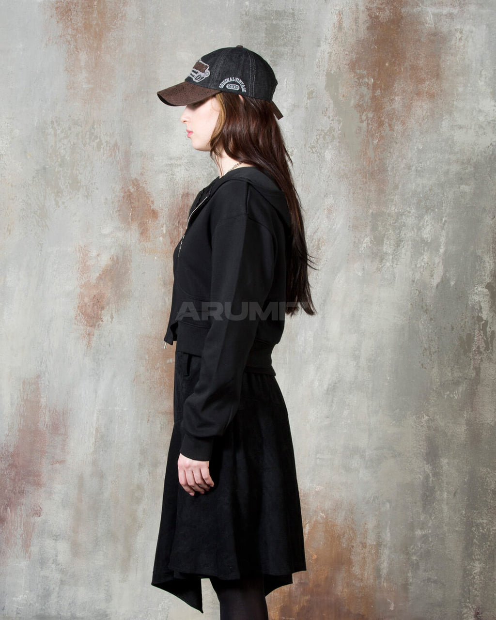 Vintage Washed Asymmetric Panel Crop Zip-Up Hoodie