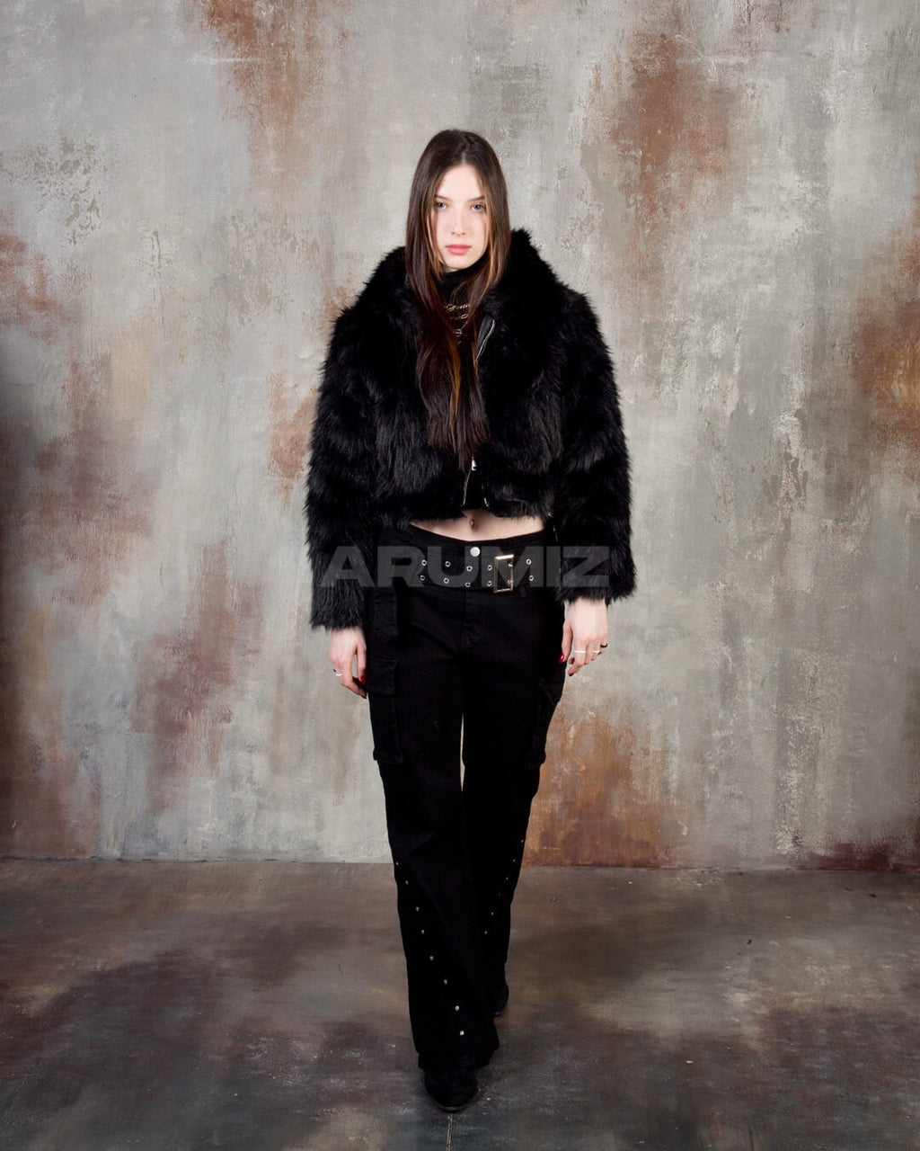 Wolf Faux Fur Hooded Cropped Jacket