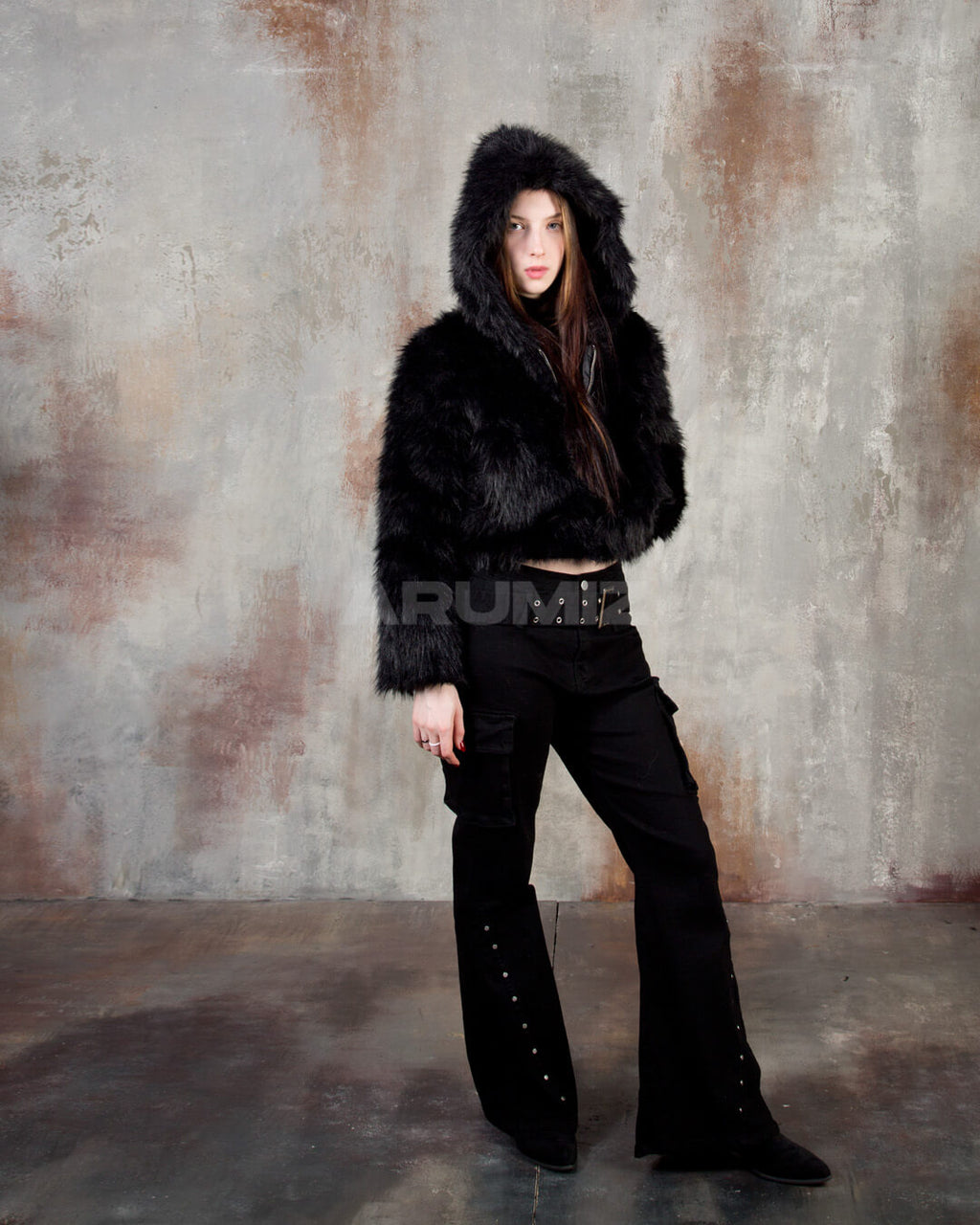 Wolf Faux Fur Hooded Cropped Jacket