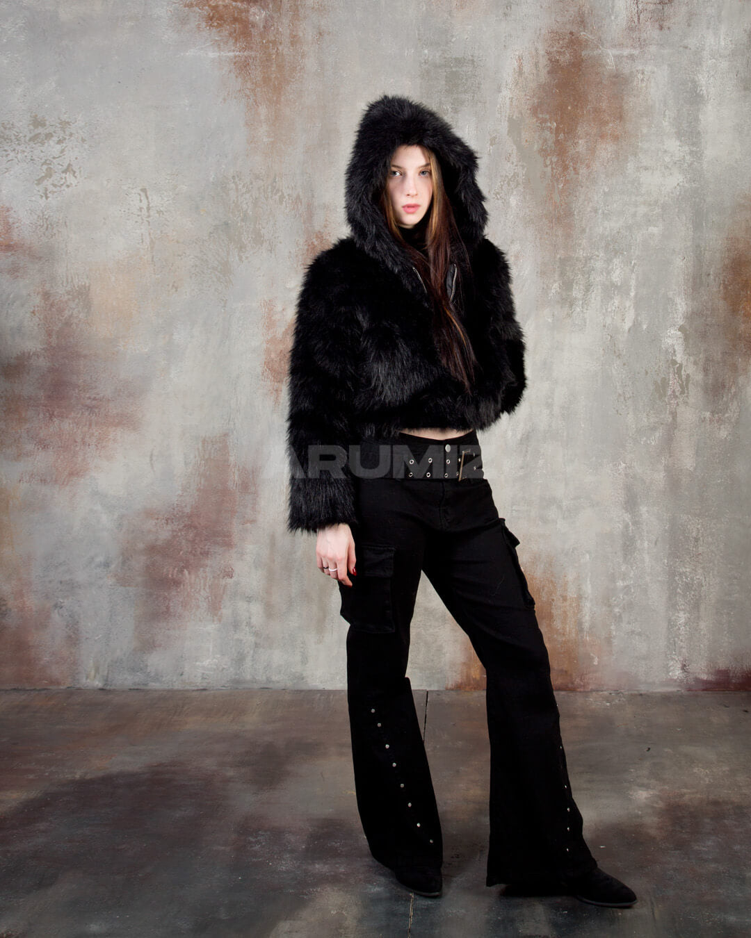 Wolf Faux Fur Hooded Cropped Jacket