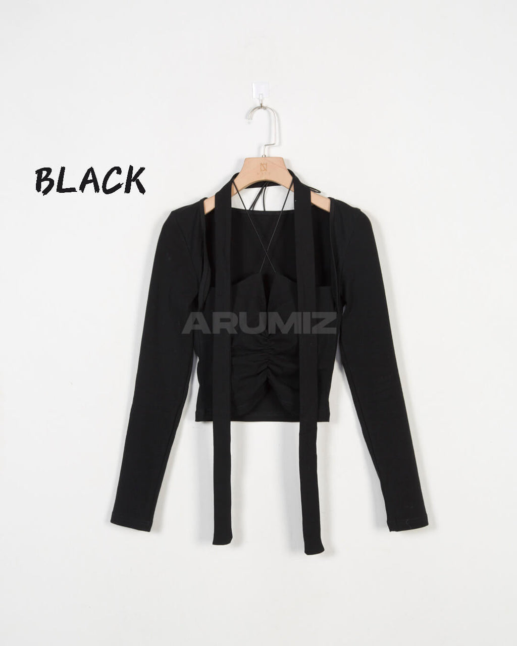 Choker Strap Shirred Cropped Long Sleeve Top
