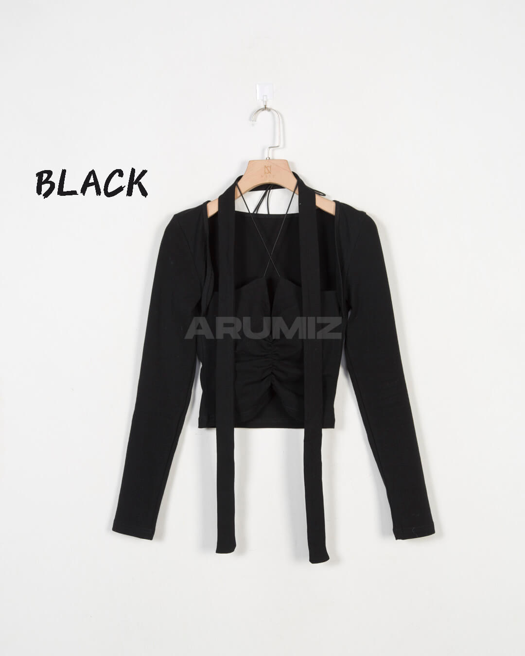 Choker Strap Shirred Cropped Long Sleeve Top