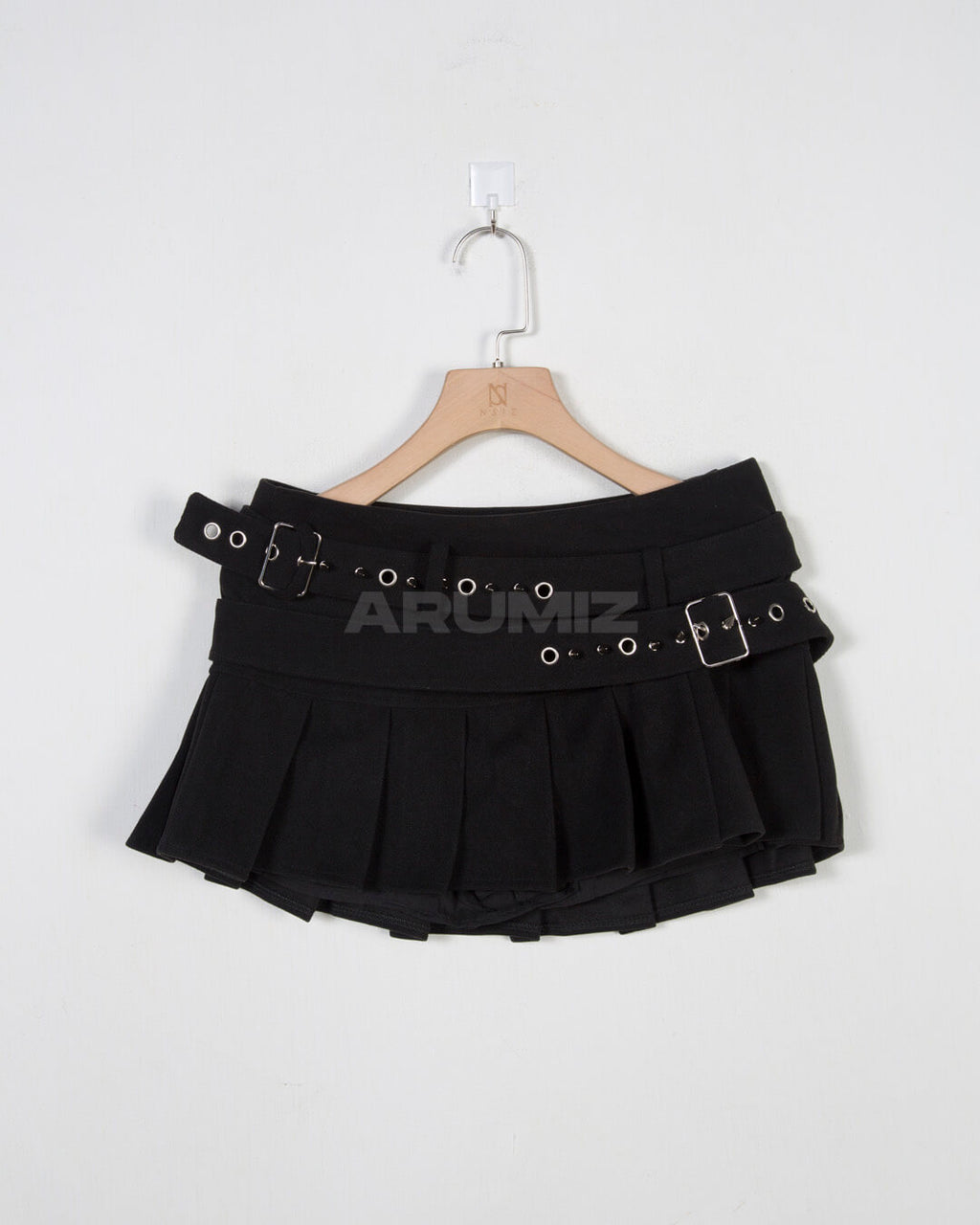 Double Belt Pleated Mini Skirt