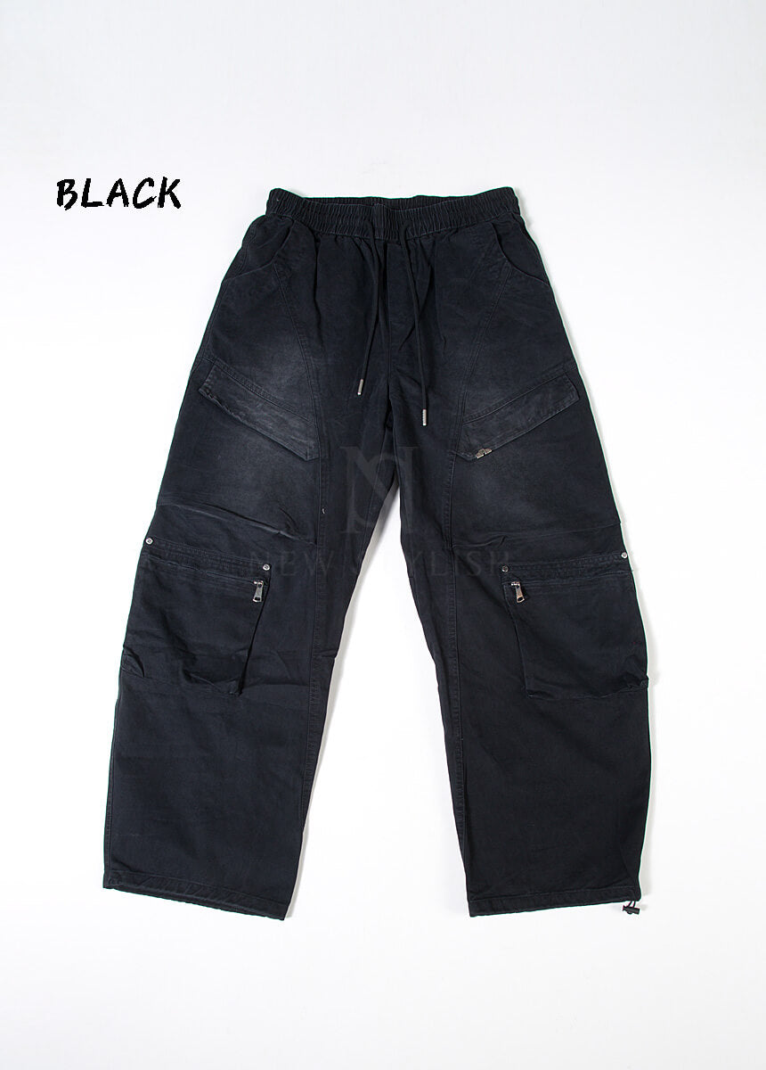 Vintage Washed Wide Cotton Zip Cargo Pants