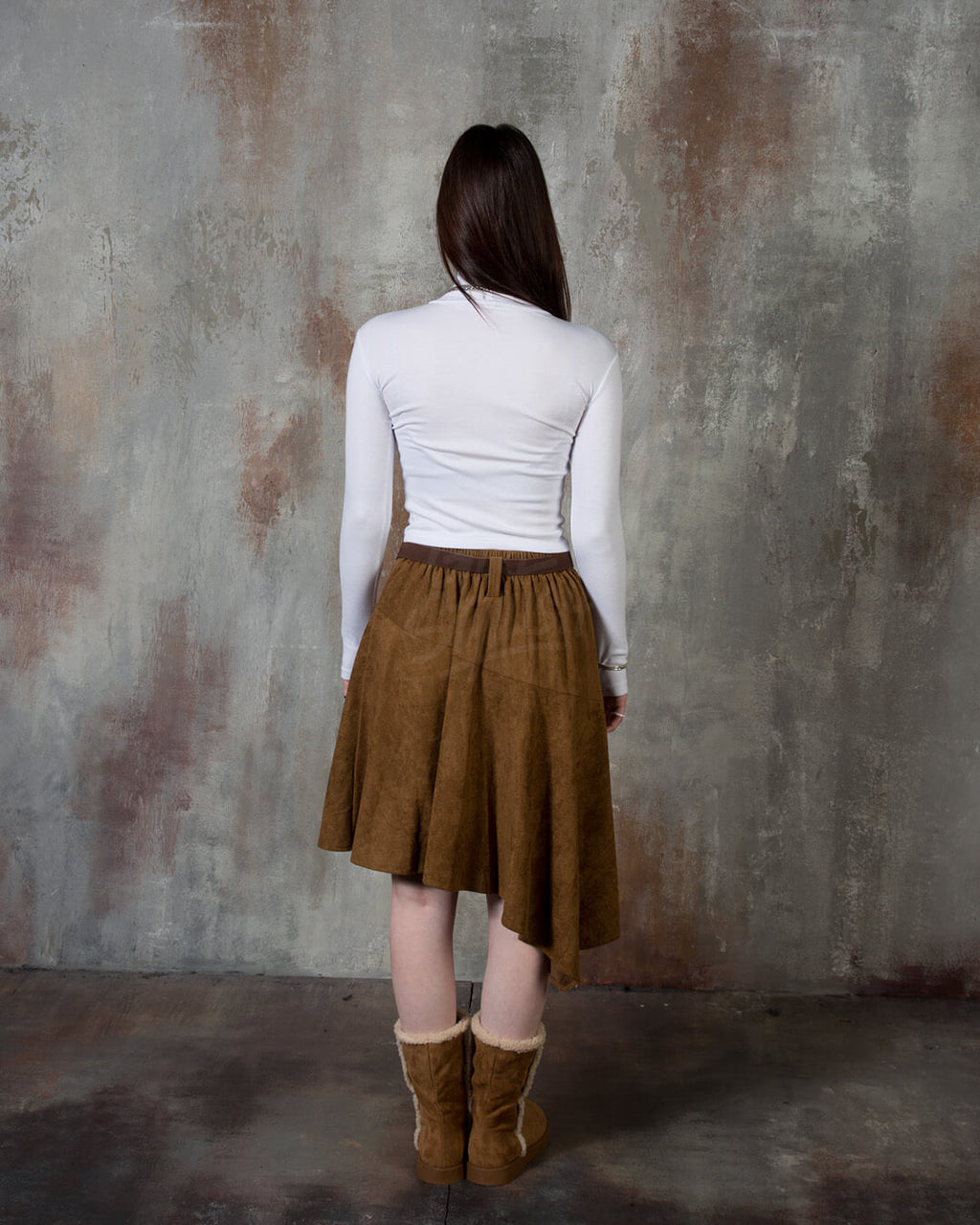 Asymmetric Suede Flared Belt Skirt