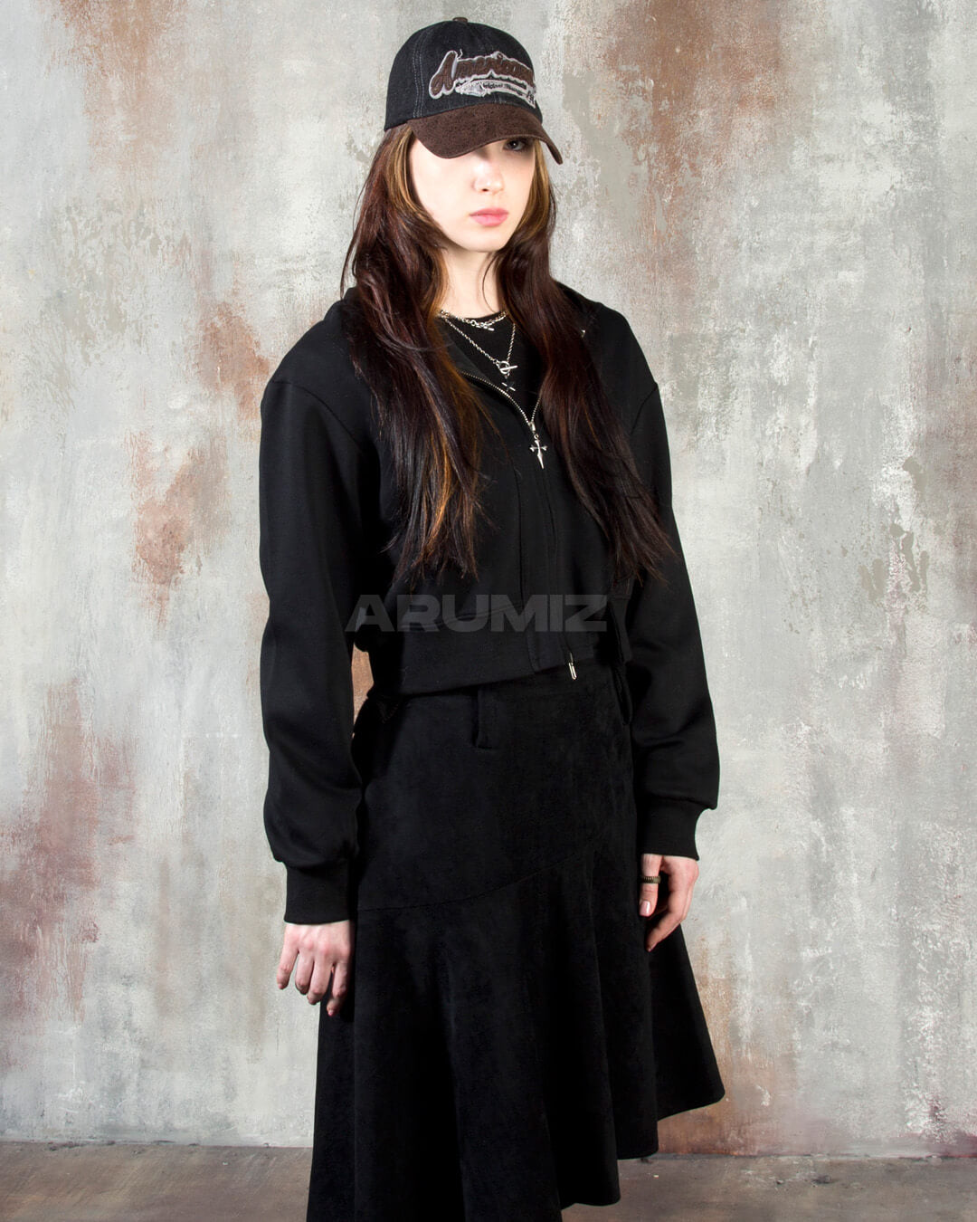 Vintage Washed Asymmetric Panel Crop Zip-Up Hoodie