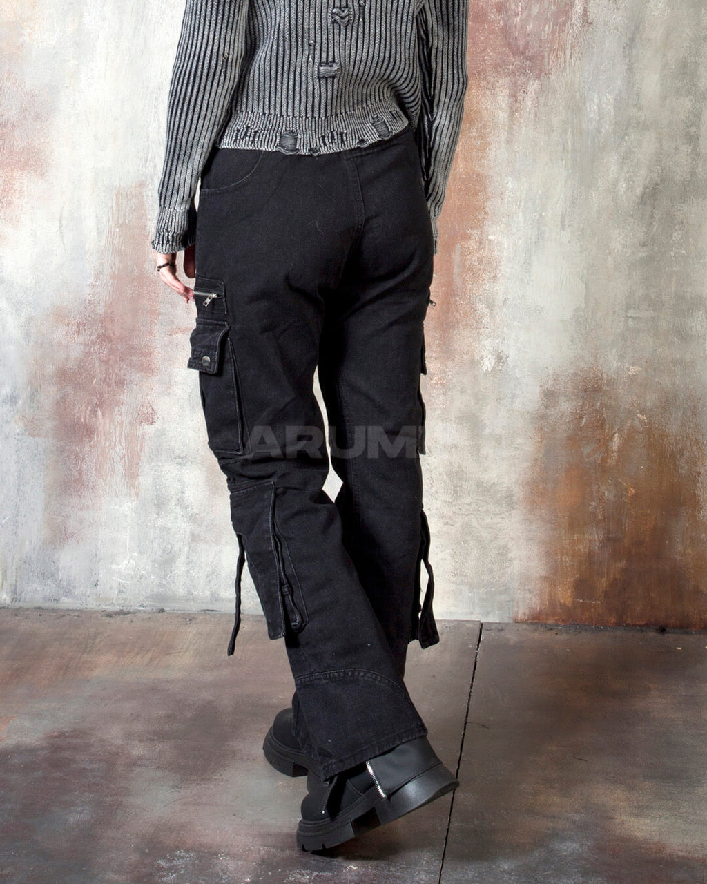 Vintage Washed Zipper Cargo Bootcut Pants