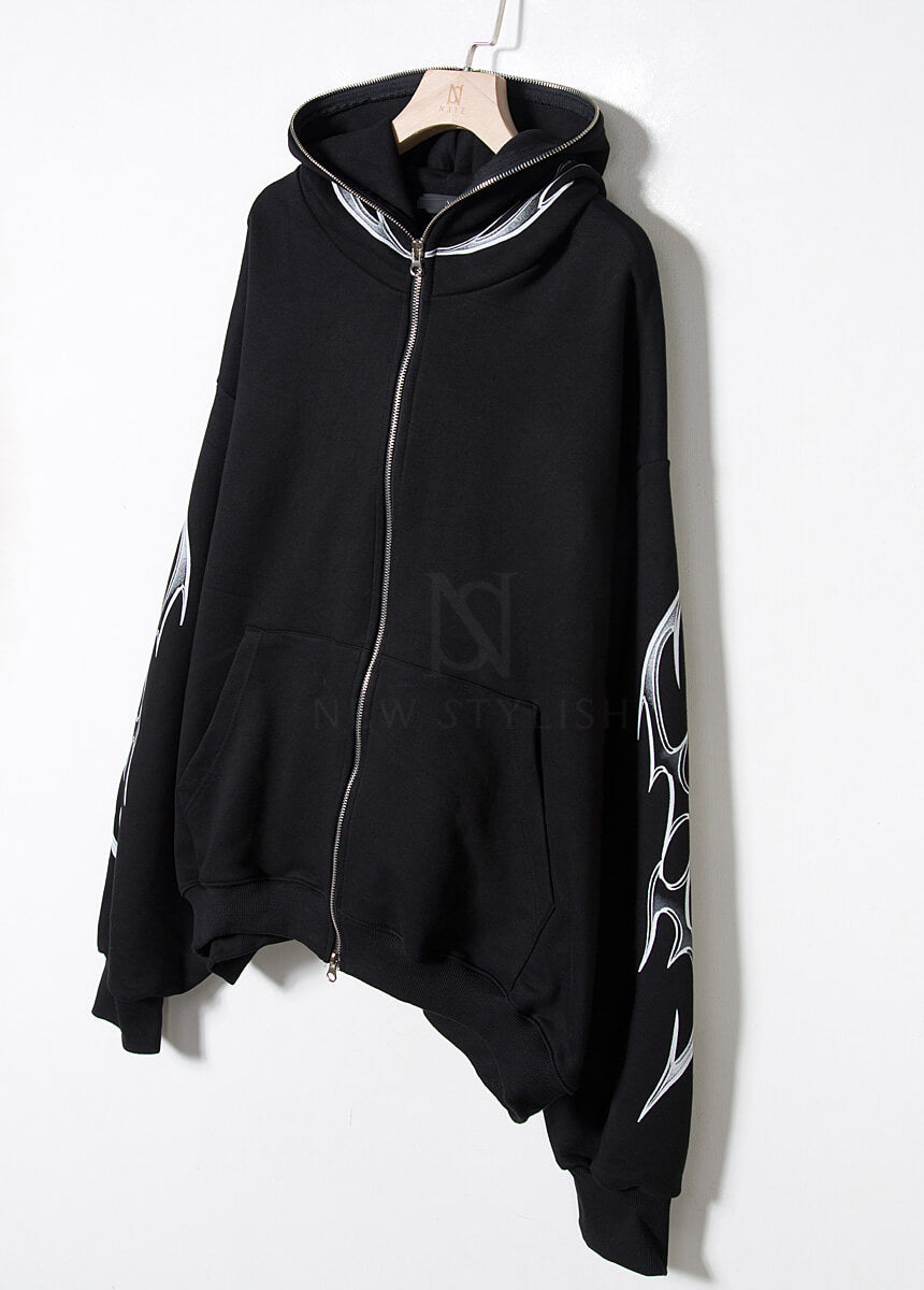 Tribal Print Oversized Black Zip-up Hoodie