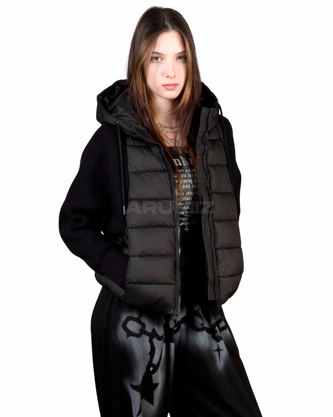 Hooded Knit Sleeve Padded Hybrid Jacket