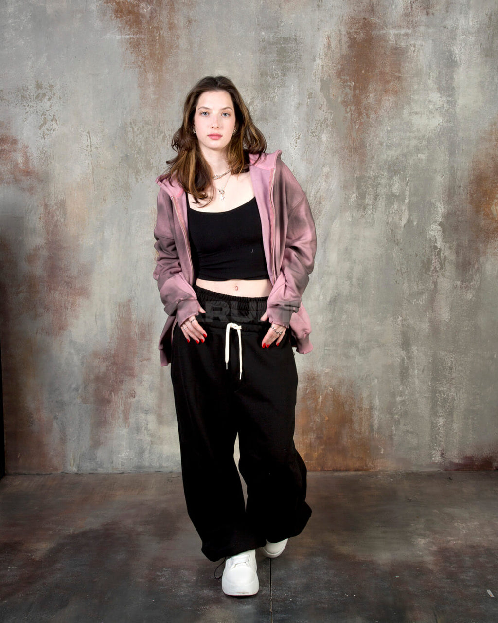 Contrast Drawstring Layered Sagging Wide-Leg Cotton Pants