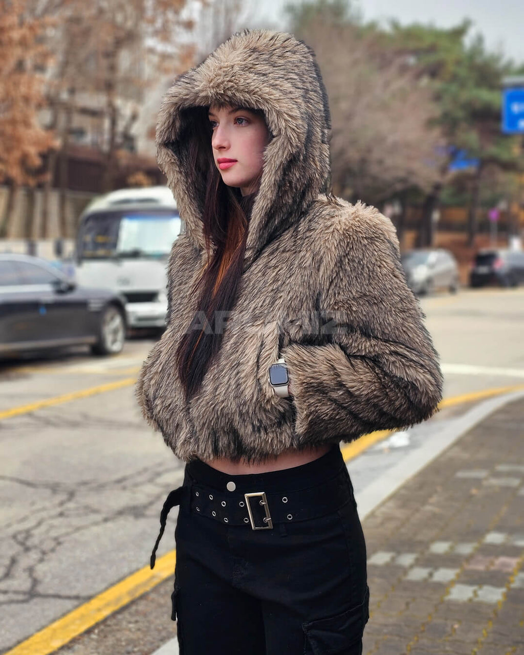 Wolf Faux Fur Hooded Cropped Jacket
