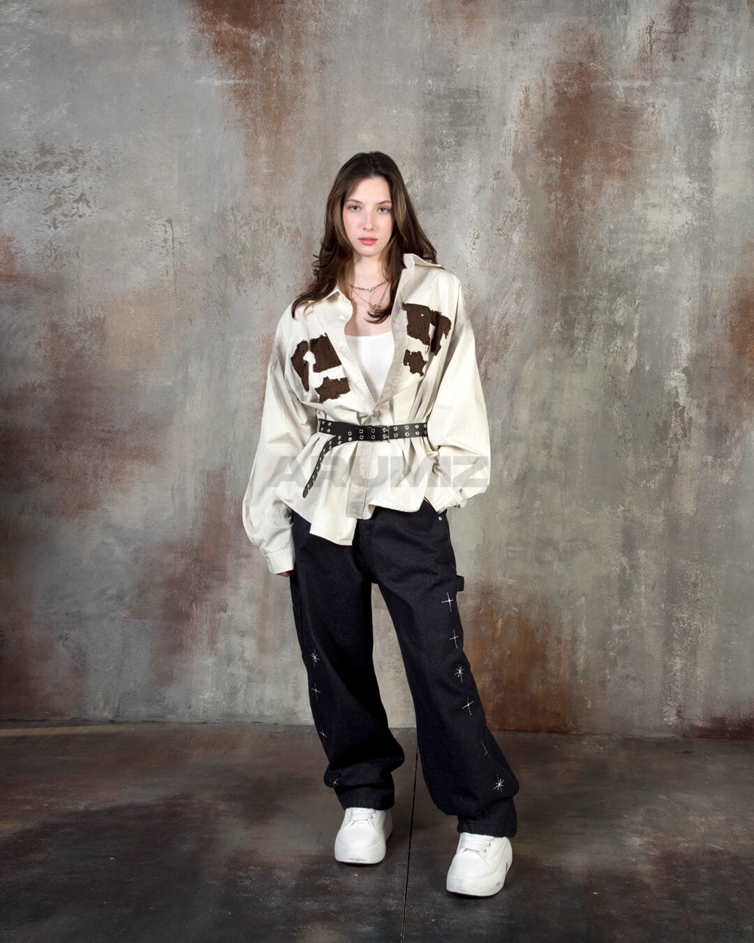 Star Embroidered Carpenter Wide-Leg Cotton Pants