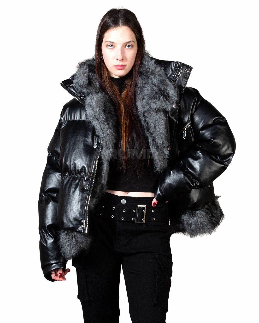 Fur-Trim Glossy Oversized Black Leather Puffer Jacket