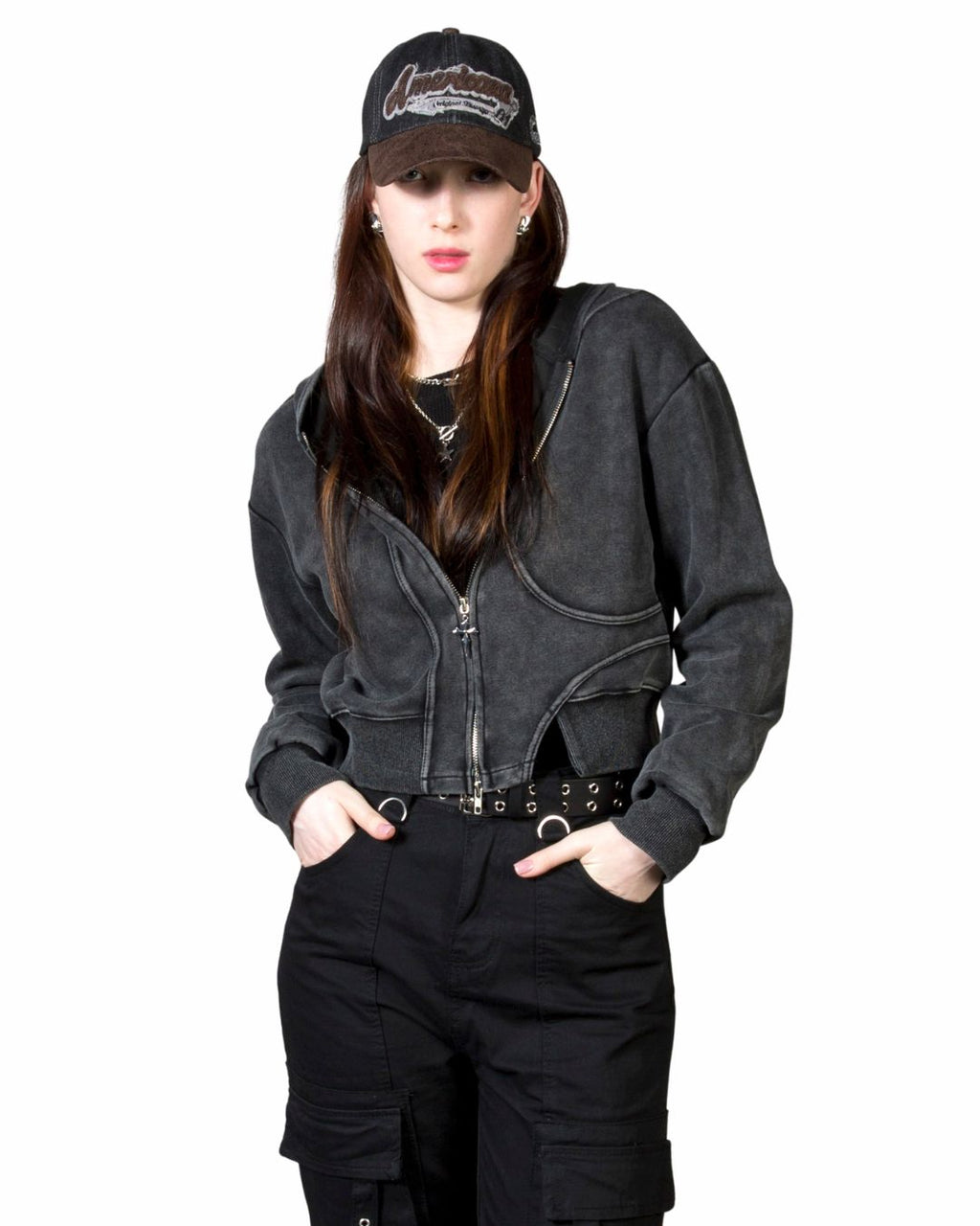Vintage Washed Asymmetric Panel Crop Zip-Up Hoodie