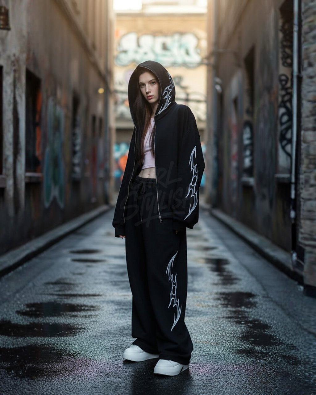 Black Tribal Print Drawstring Wide-Leg Pants