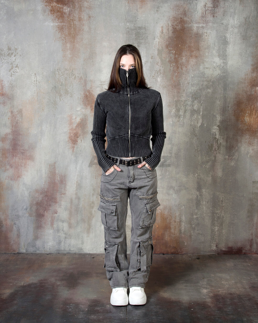 Vintage Washed Zipper Cargo Bootcut Pants