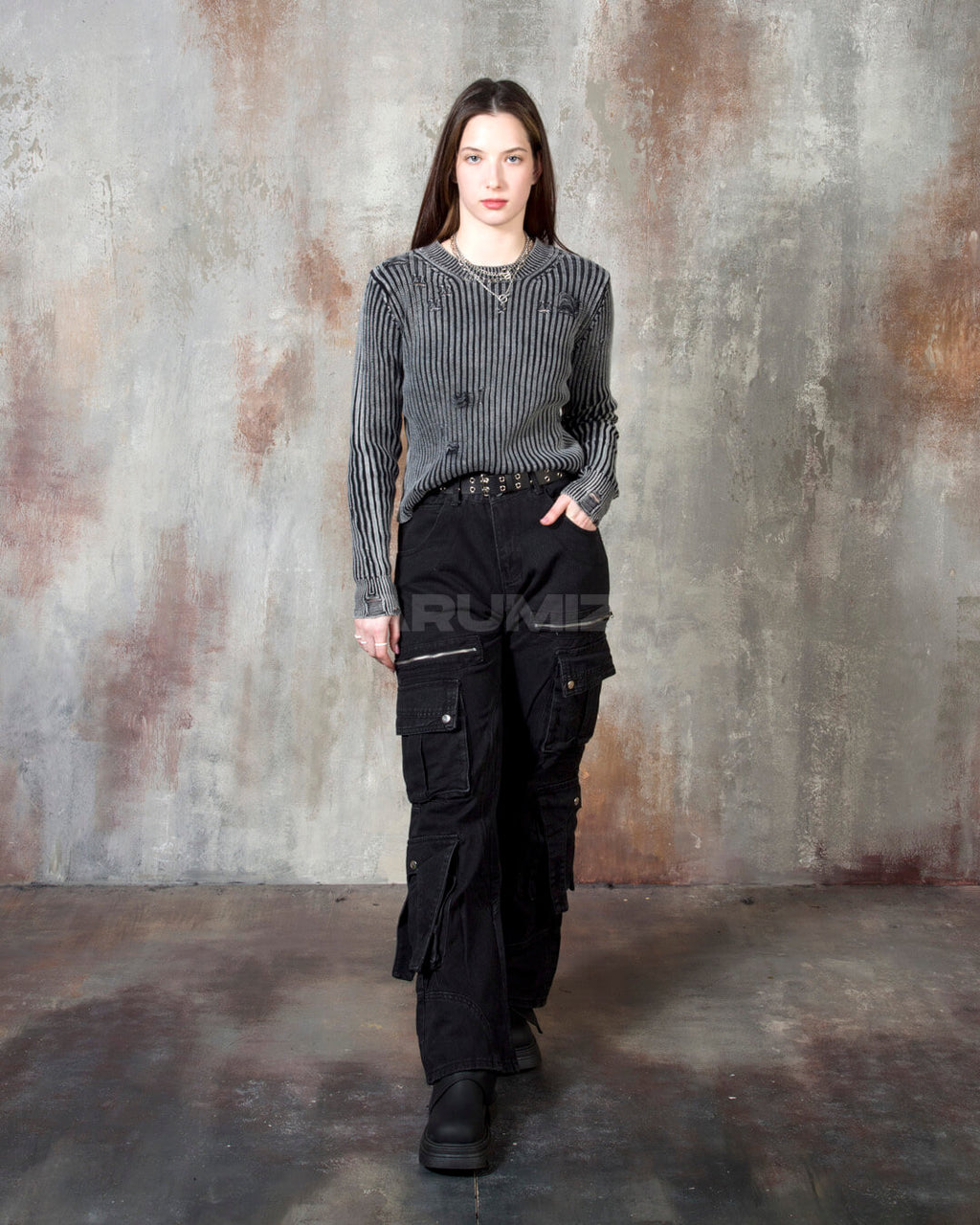 Distressed Ribbed Cropped Knit Sweater