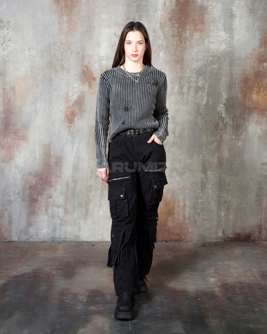 Distressed Ribbed Cropped Knit Sweater