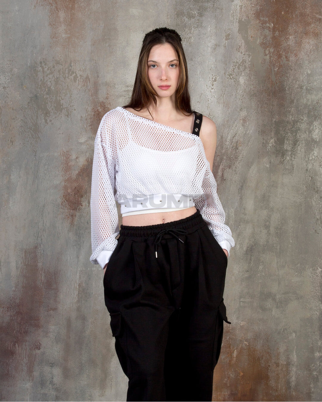 Eyelet Strap Mesh Sheer Off-Shoulder Cropped Top