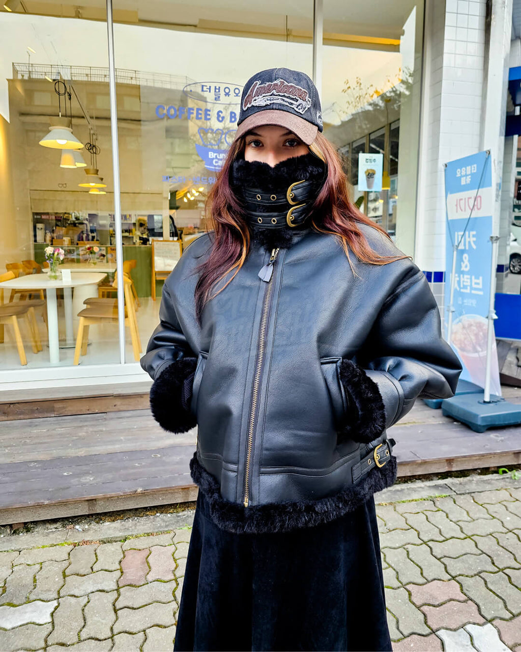 Black Oversized Shearling Leather Jacket Winter Outerwear