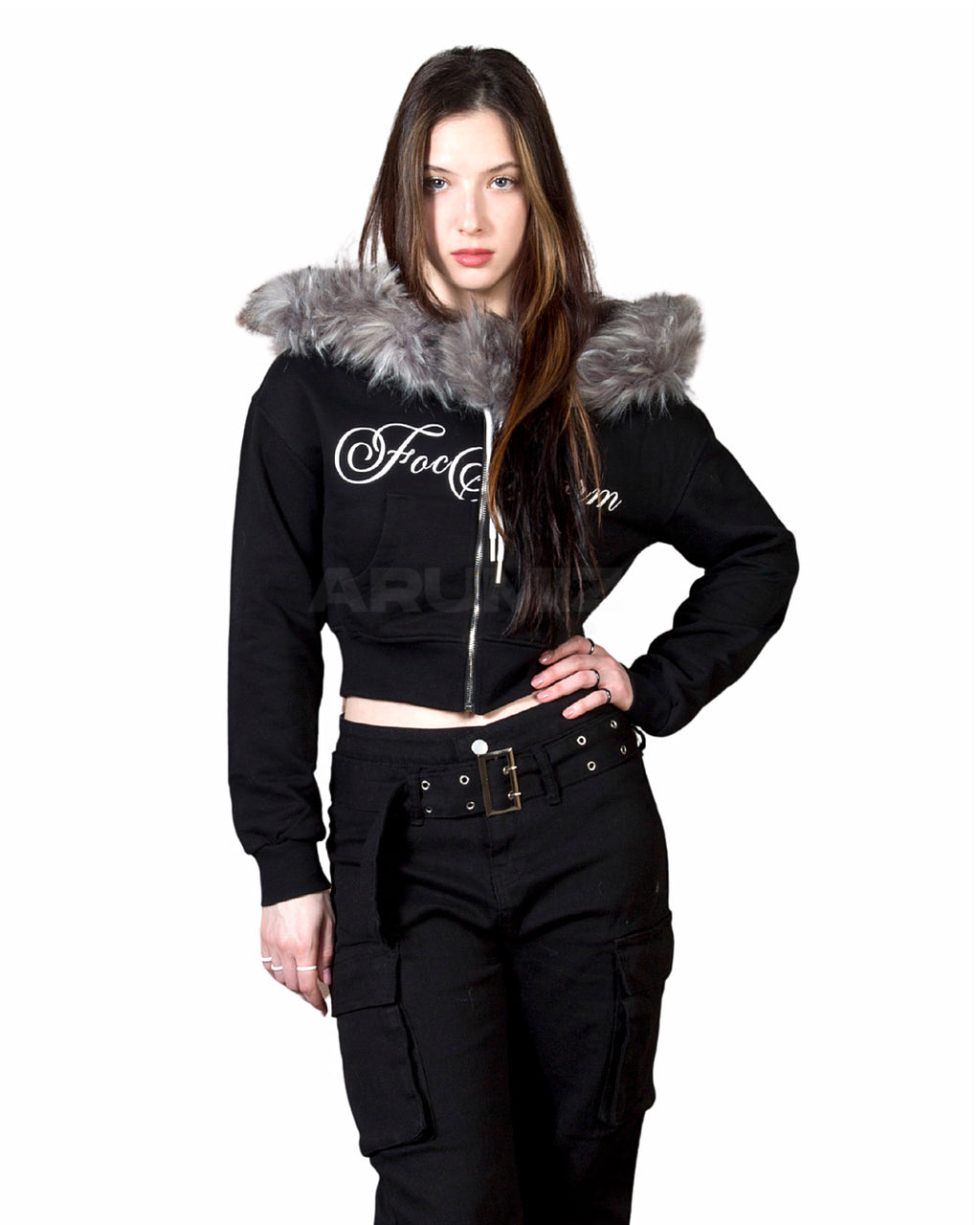 Fur Trim Off-Shoulder Cropped Zip-Up Hoodie