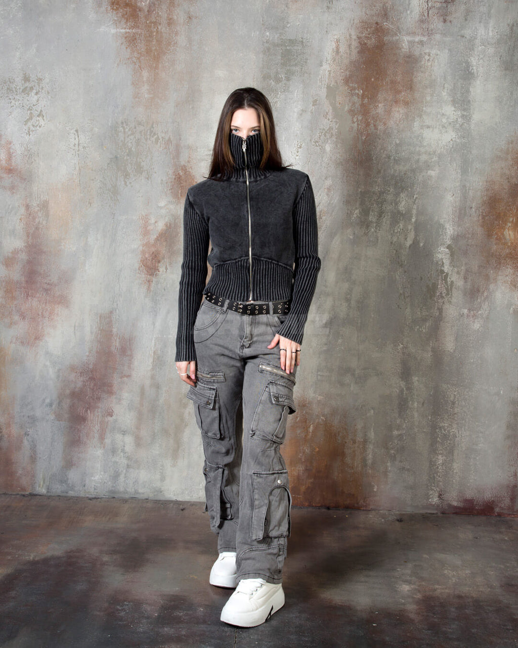 Vintage Washed Rib Knit High-Neck Cropped Zip-Up Jacket