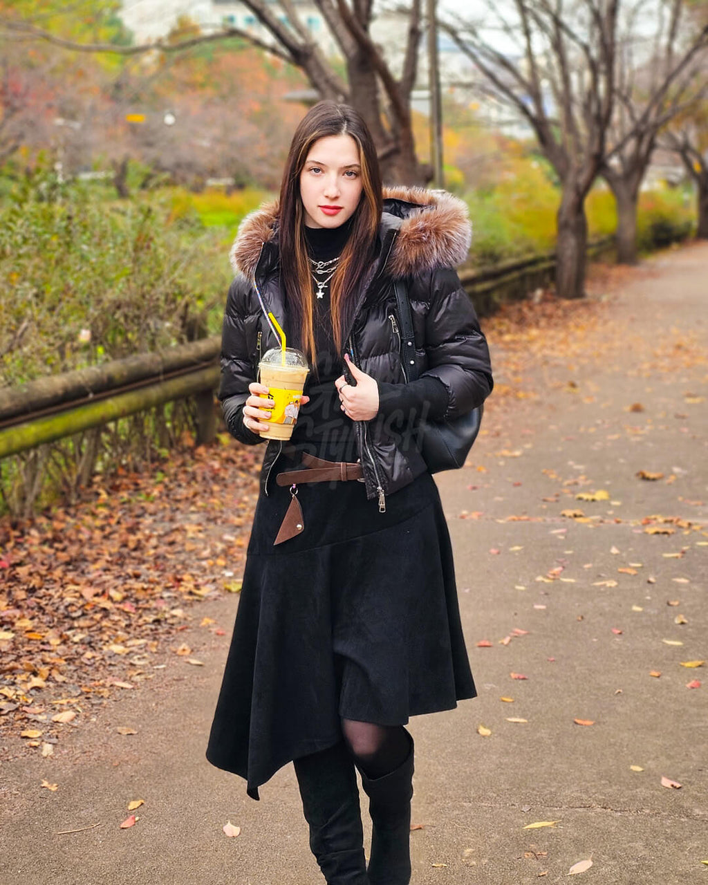 Asymmetric Suede Flared Belt Skirt