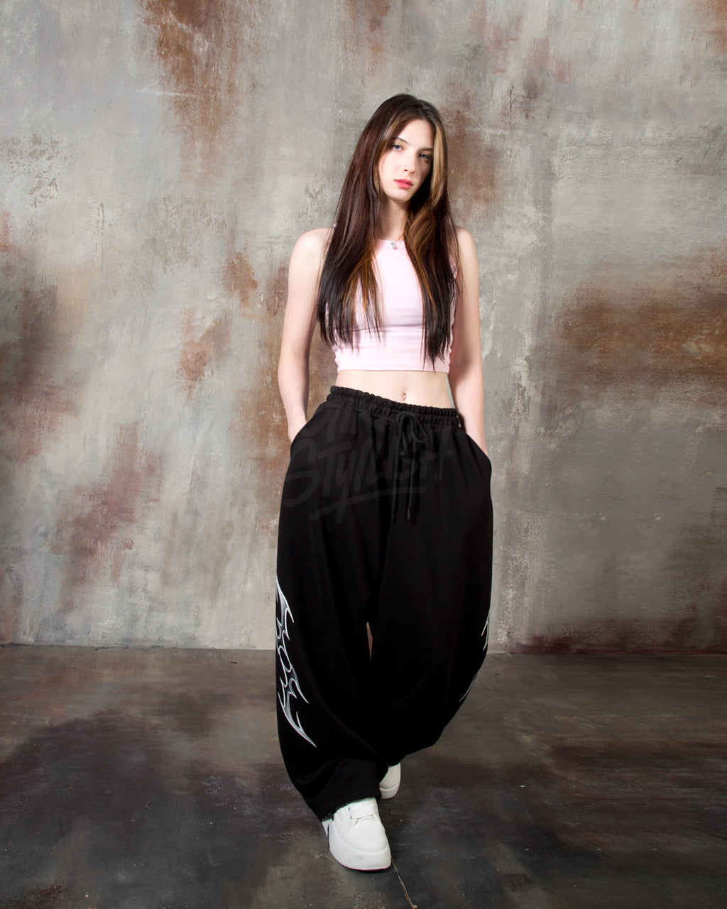 Black Tribal Print Drawstring Wide-Leg Pants