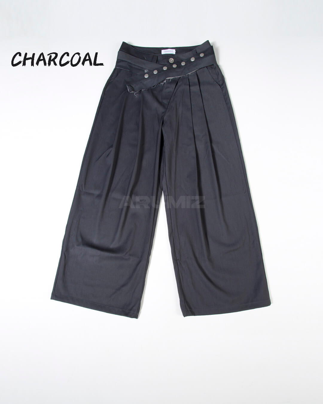 Stud Button Belt Pintuck Wide-Leg Slacks Pants