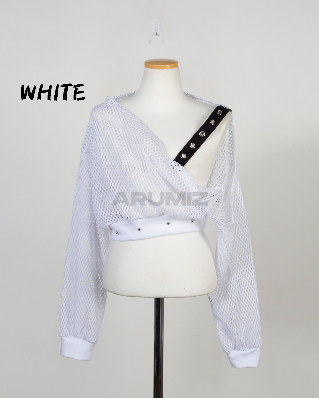 Eyelet Strap Mesh Sheer Off-Shoulder Cropped Top