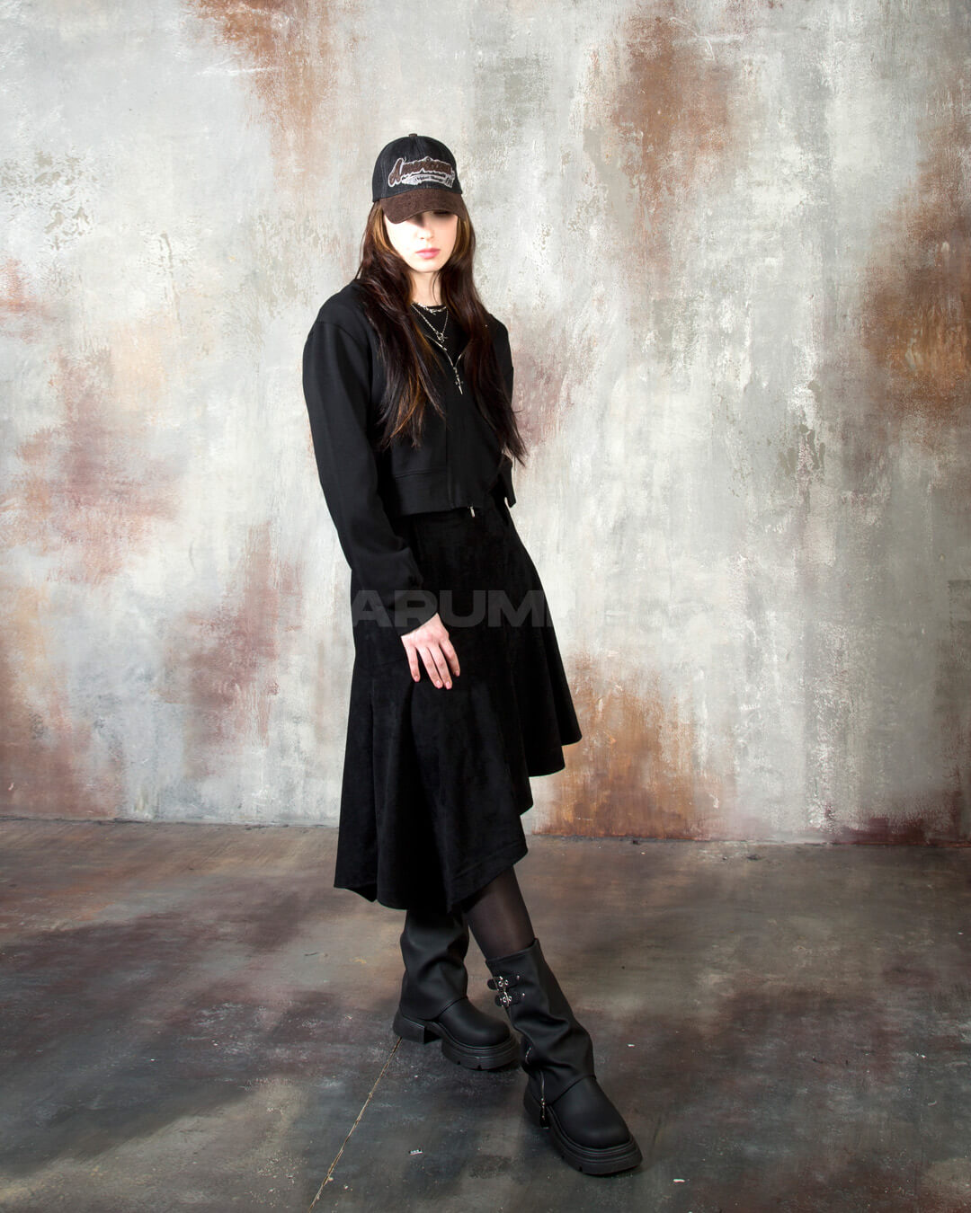 Vintage Washed Asymmetric Panel Crop Zip-Up Hoodie