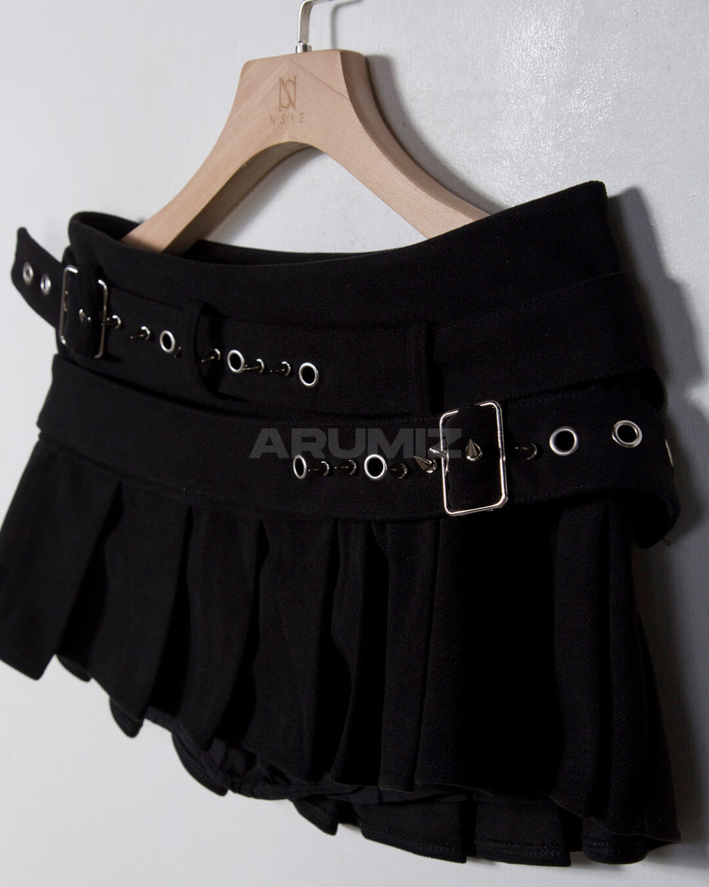 Double Belt Pleated Mini Skirt