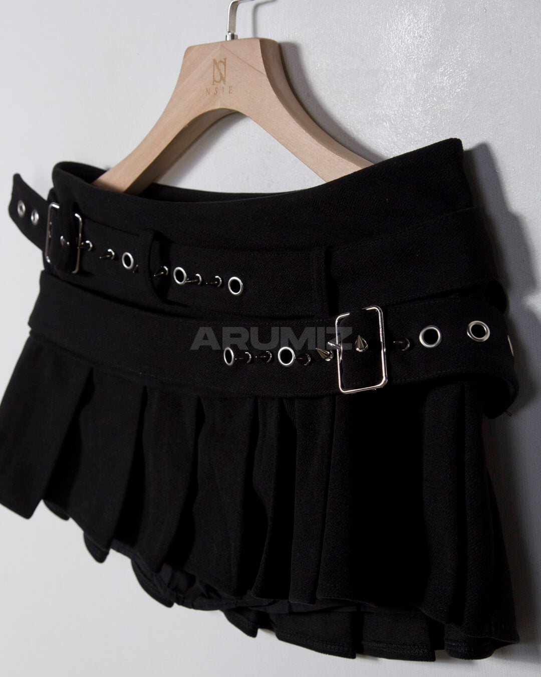 Double Belt Pleated Mini Skirt