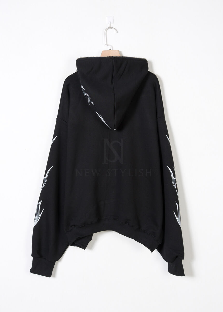 Tribal Print Oversized Black Zip-up Hoodie