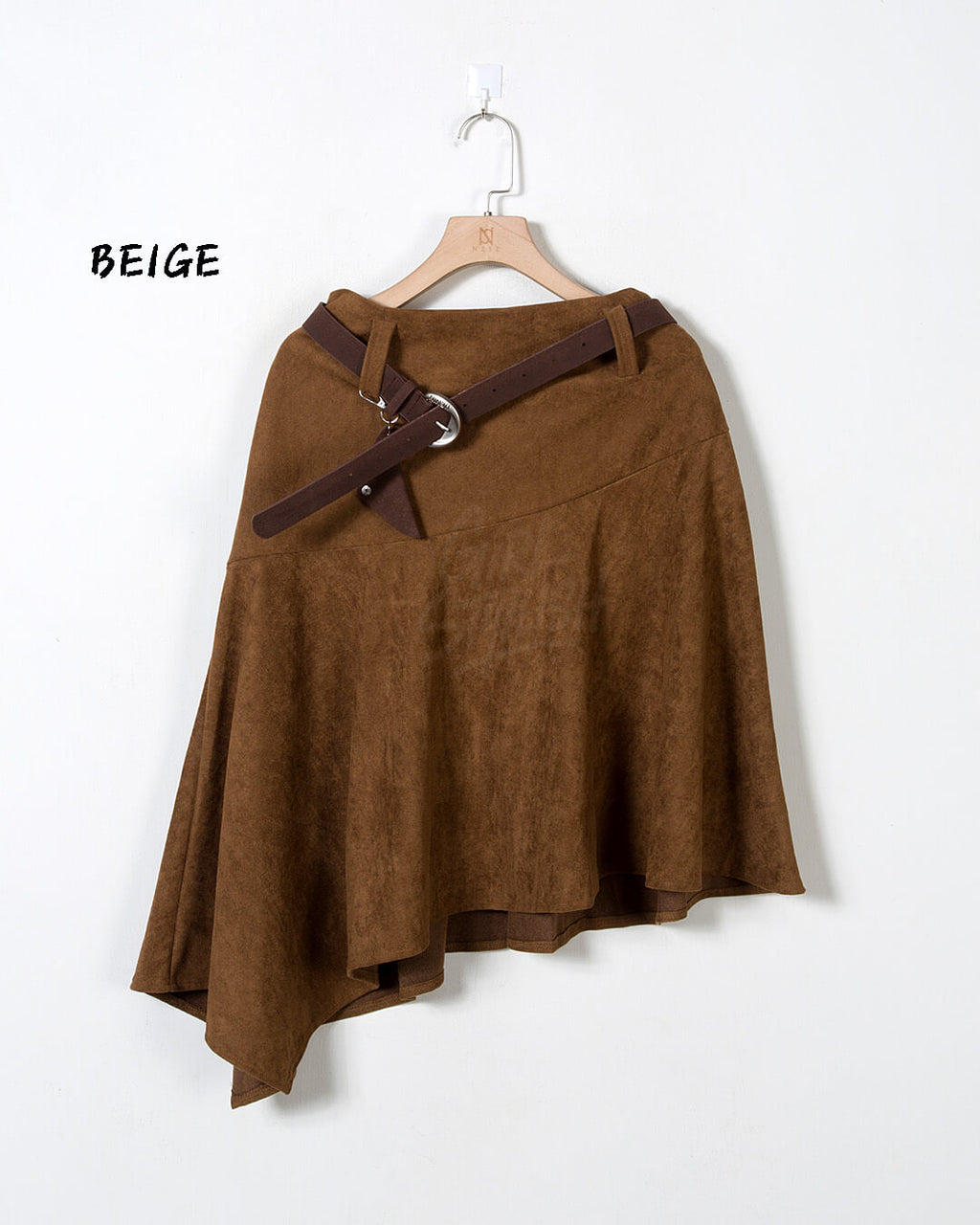 Asymmetric Suede Flared Belt Skirt