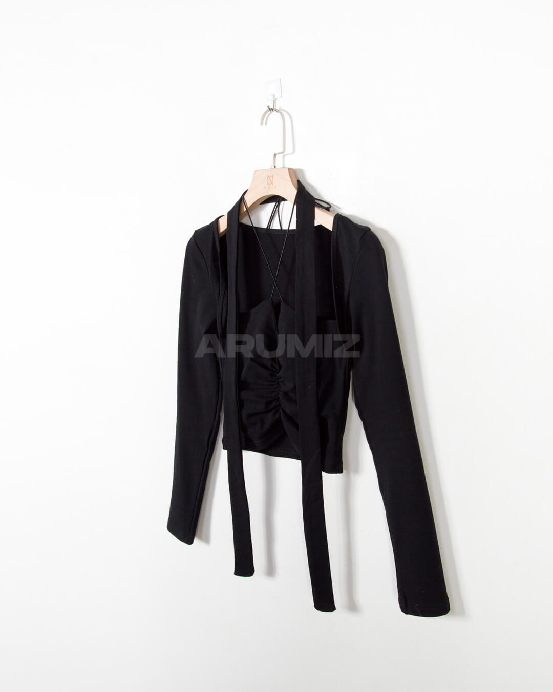 Choker Strap Shirred Cropped Long Sleeve Top