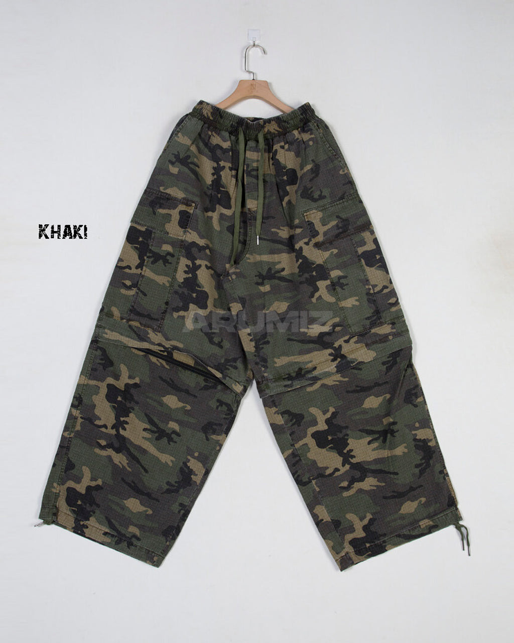 Convertible Two-Way Camo Wide-Leg Cargo Pants