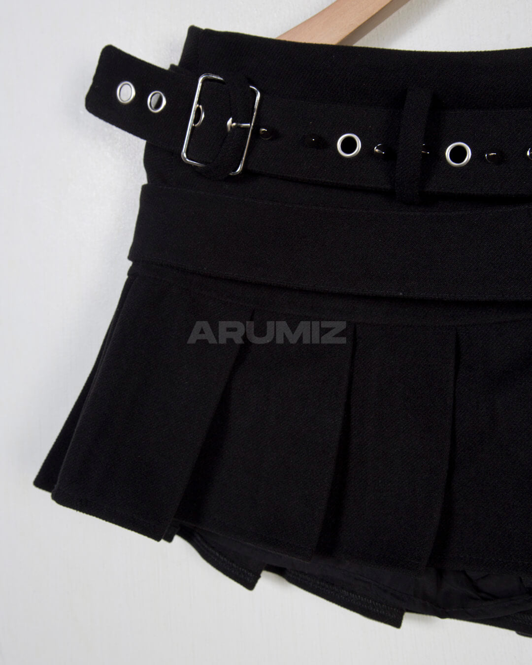 Double Belt Pleated Mini Skirt