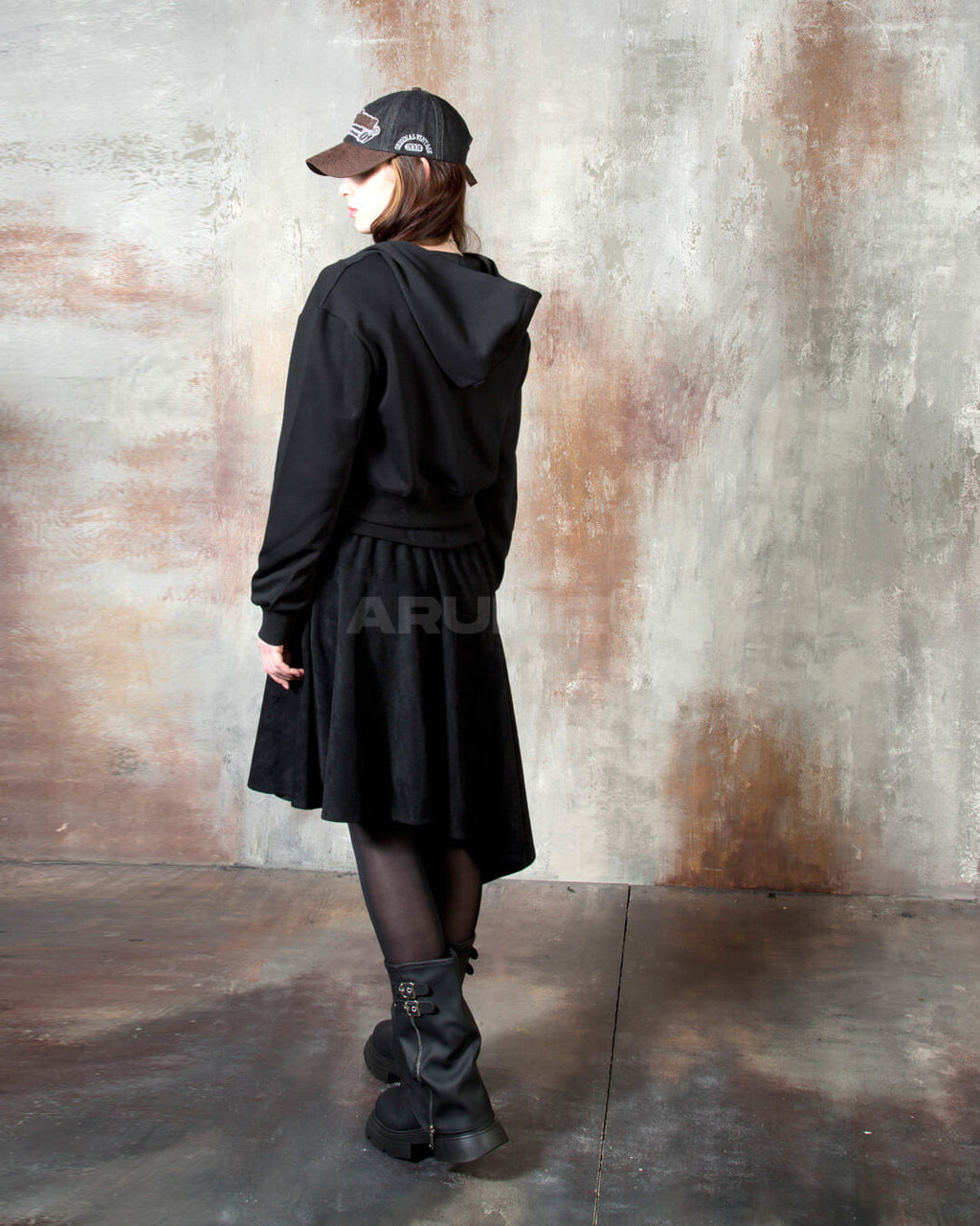 Vintage Washed Asymmetric Panel Crop Zip-Up Hoodie