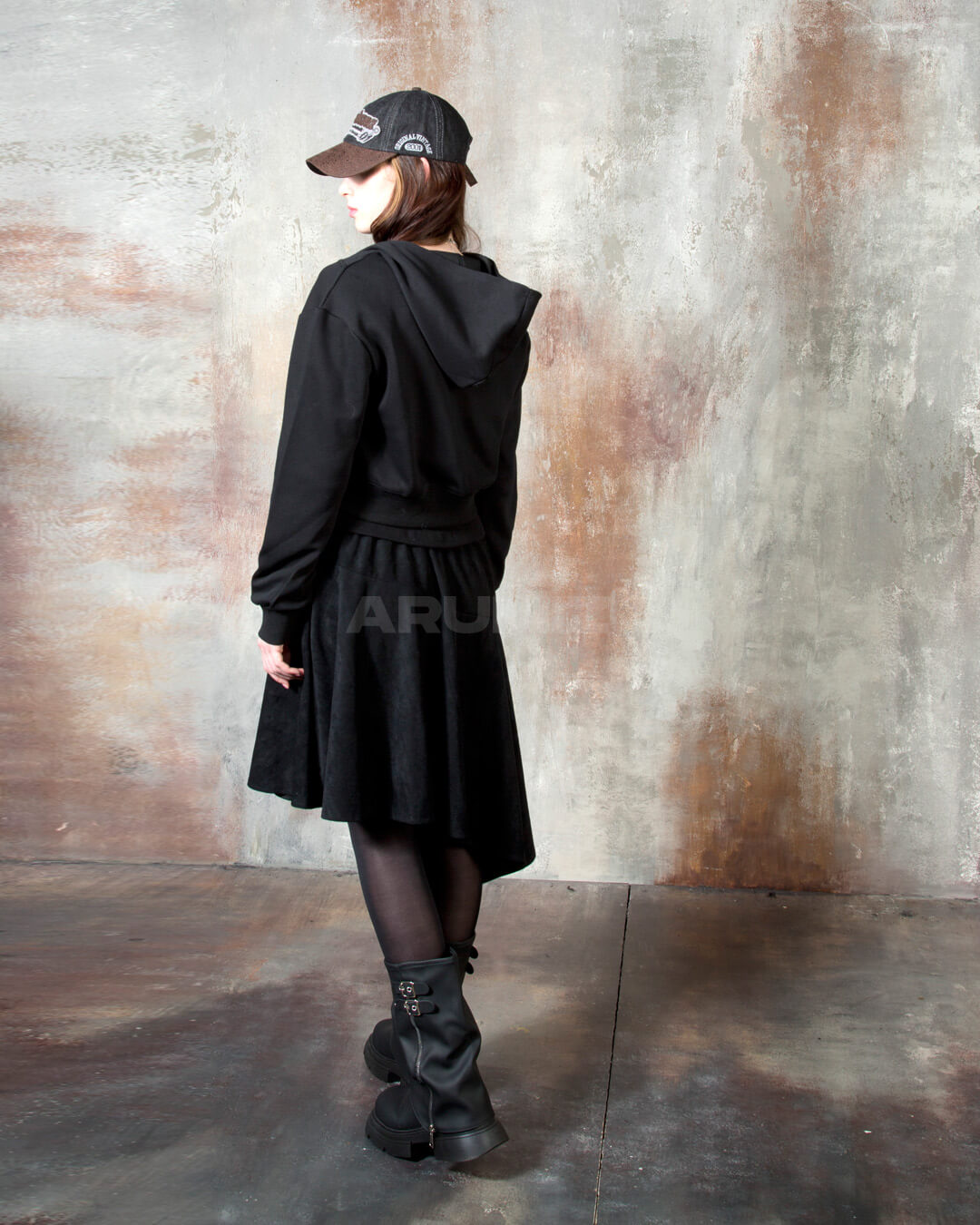Vintage Washed Asymmetric Panel Crop Zip-Up Hoodie