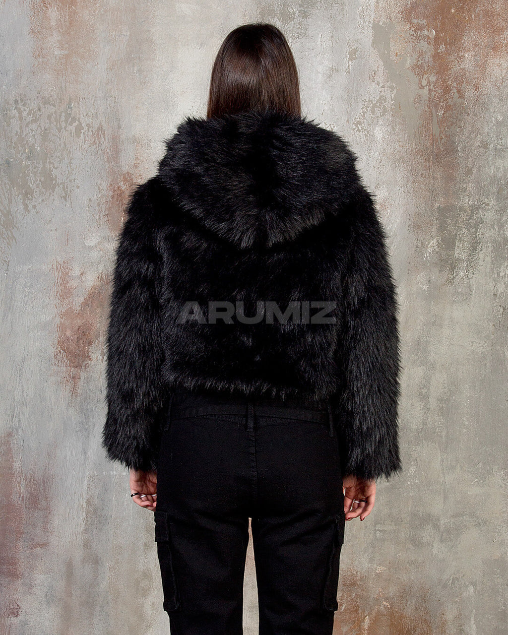 Wolf Faux Fur Hooded Cropped Jacket