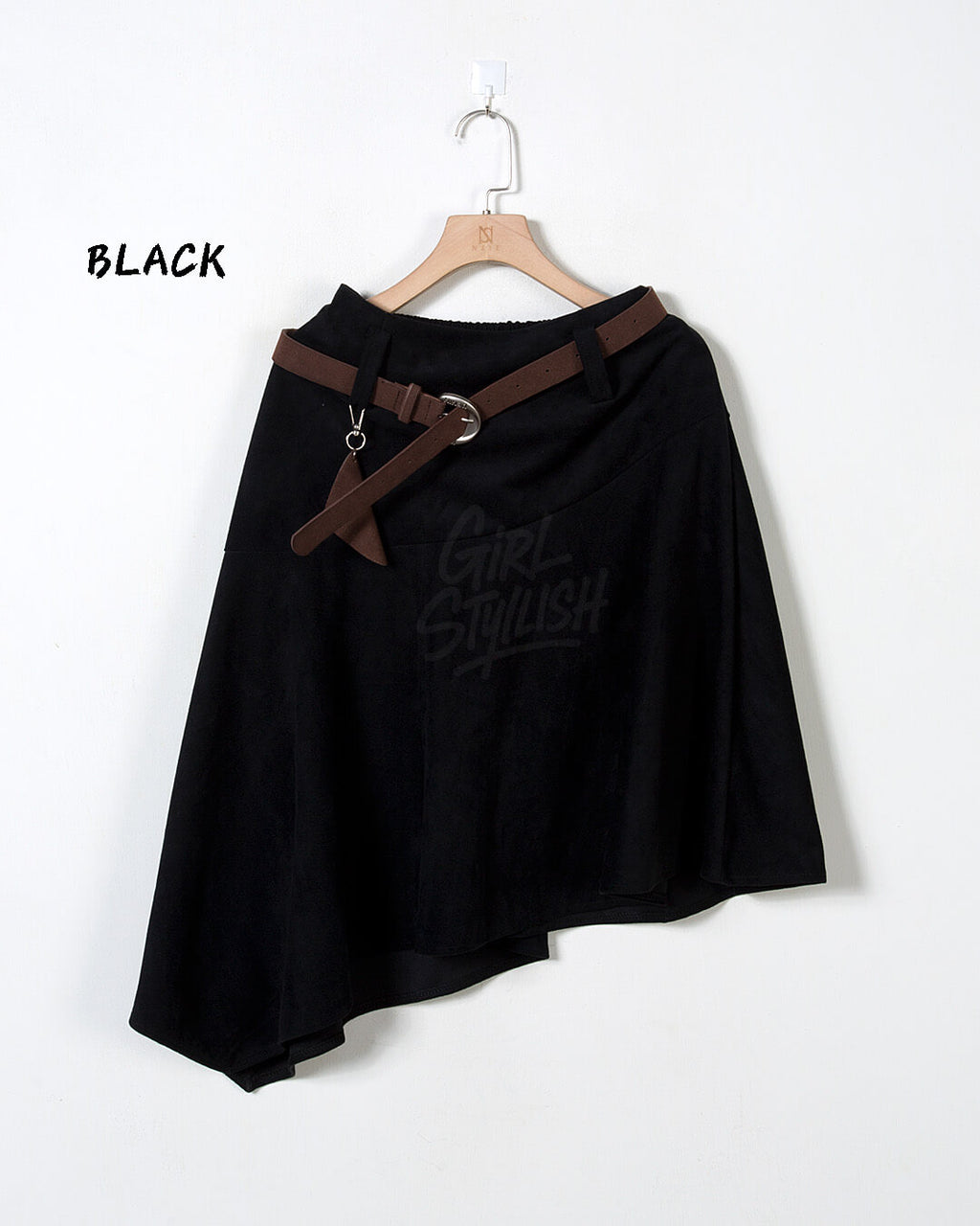 Asymmetric Suede Flared Belt Skirt