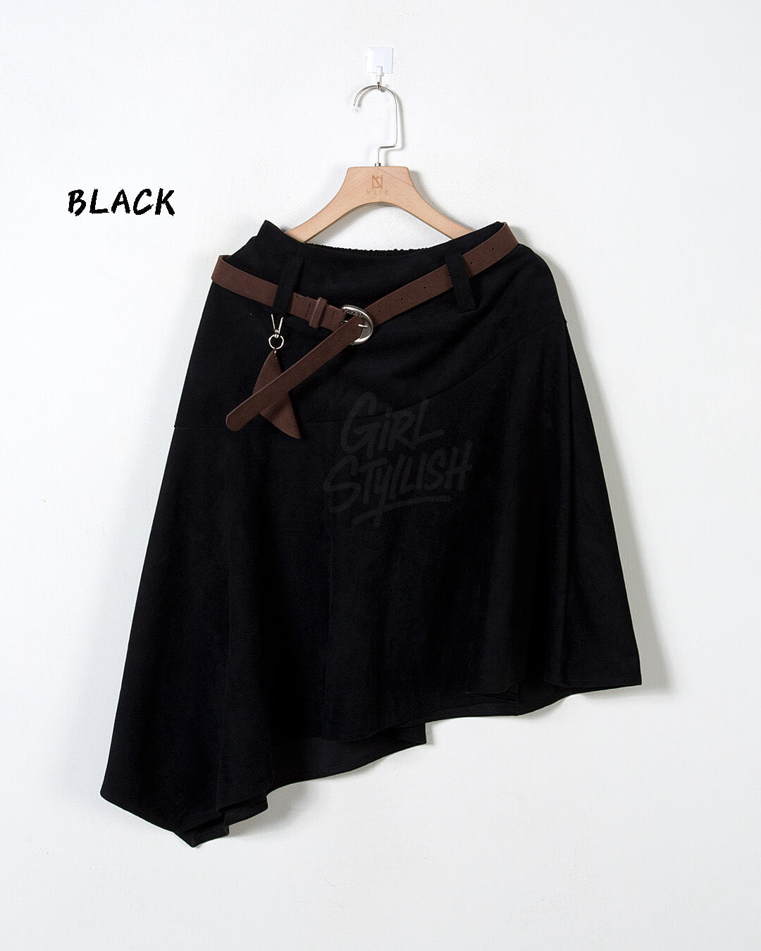 Asymmetric Suede Flared Belt Skirt