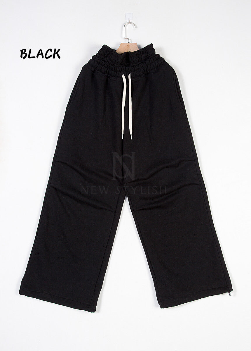 Contrast Drawstring Layered Sagging Wide-Leg Cotton Pants