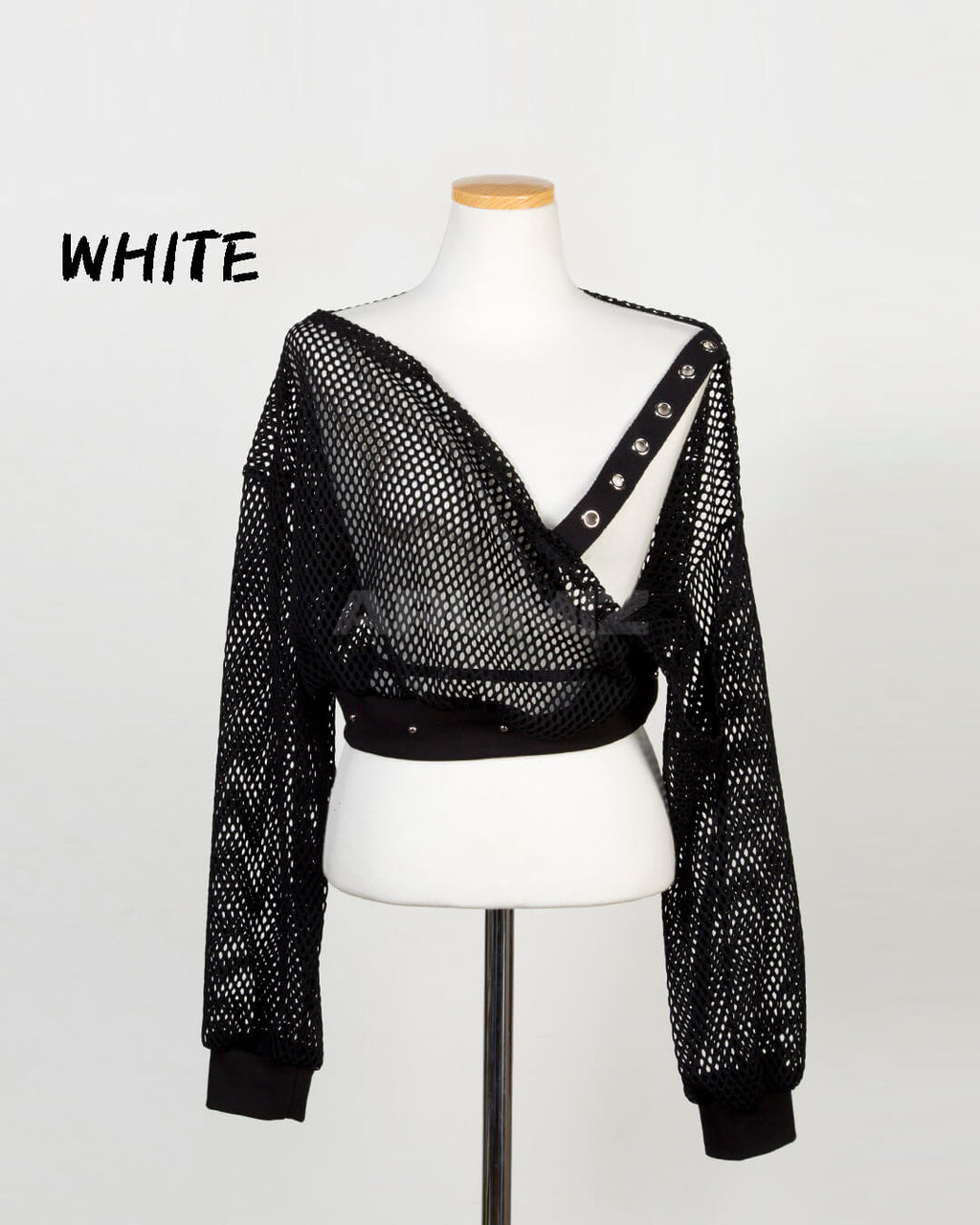 Eyelet Strap Mesh Sheer Off-Shoulder Cropped Top